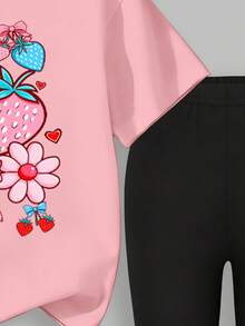SHEIN Explorewe 2pcs/Set Atasan Bergambar Stroberi, Set Sweatshirt Leher Bulat dan Legging untuk Remaja Perempuan, Modis dan Kasual, Cocok untuk Musim Gugur/Musim Dingin - MultiWarna - View 4
