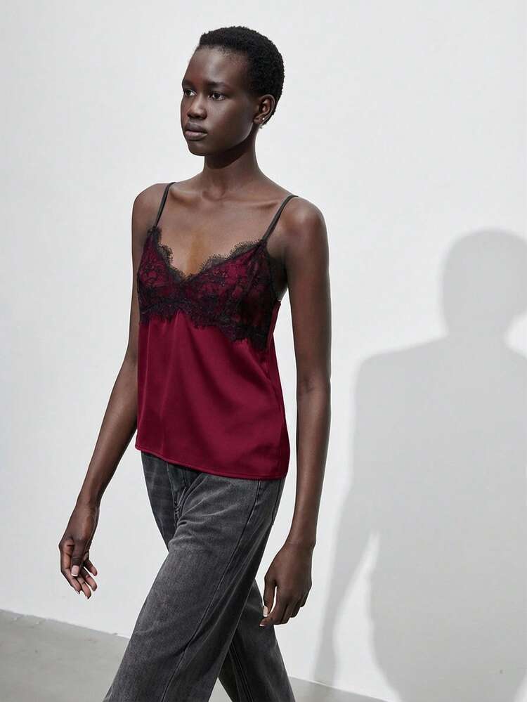 SHEIN Maija Top de camisola con decoración de encaje para mujer, elegante para el tránsito urbano y casual de negocios, adecuado para Navidad, Año Nuevo, fiestas, vacaciones, uso en la oficina