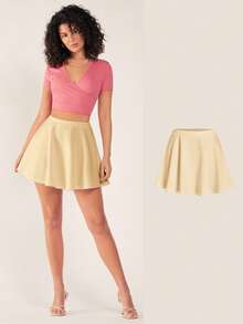 SHEIN BASICS 女士休闲纯色简约迷你裙 - 杏色 - 查看 8