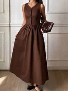 DAZY Women's V-Neck Sleeveless Waist Cinched Casual Elegant Long Denim Dress - Coffee Brown - View 1