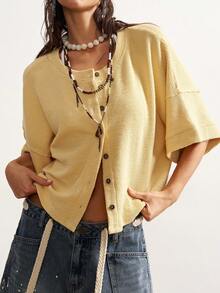 Bohemela 女士休闲纯色针织圆领短袖宽松T恤 - 卡其色 - 查看 2