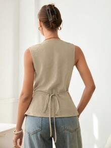 Ellegaria. Elegant Halter Neck With Metal Buckle Embellishments, Khaki Women's Vest With Drawstring Waist, Casual Women's Top, Perfect For Summer Vacation Wear, Sleeveless Top. - Khaki - View 3