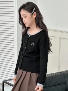 Dazy Kids 女童圆领蝴蝶结刺绣撞色开衫，秋季 - 黑色 - 查看 3