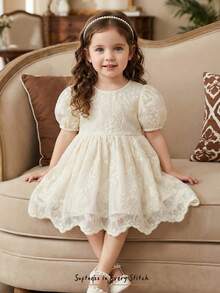 Cozy Pixies 女婴宽松可爱圆领3D蝴蝶花朵刺绣网纱泡泡袖中长连衣裙，杏色和香槟色，适合婚礼、花童、生日派对等场合 - 彩色 - 查看 1