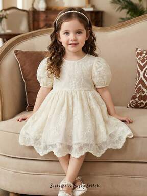 Cozy Pixies Vestido midi suelto y lindo para niña con cuello redondo, mangas abullonadas y bordado 3D de mariposas y flores en malla, color albaricoque y champán, adecuado para boda, niña de las flores, fiesta de cumpleaños