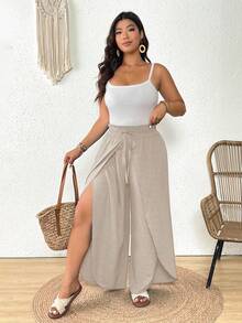 SHEIN Frenchy Plus Size Solid Color Casual Split Pants Wide Leg Summer Pants Loose Pants - Khaki - View 6