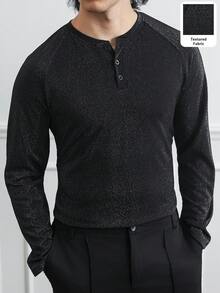 HUEFORM 男士春秋季金属光泽面料插肩袖半扣开衫T恤 - 黑色 - 查看 4