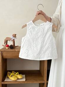 SHEIN Young Girl S Babygirl Cute Summer Casual Versatile White Floral Embroidery Camisole - White - View 4