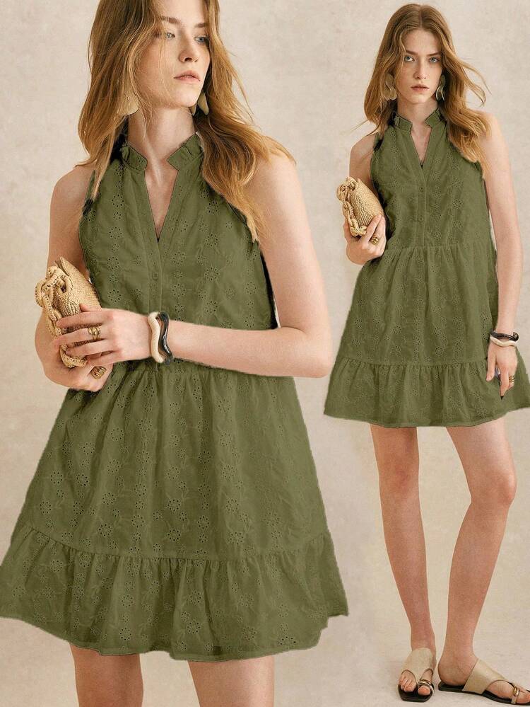 Écloséra French Retro Frill Collar Sleeveless Half-Placket Single-Breasted A-Line Dress, White Embroidered Floral Hollow-Out Women's Dress Green Sundress Green Vacation Dress Green Summer Dress Women Olive Dress - Green - View 1