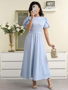 Modelyn Women's Elegant Floral Puff Sleeve Plain Dress, Summer Summer Modest Dress Light Blue Long Dress Baby Blue Women Dress Casual Long Dress French Style Dress - Baby Blue - View 7