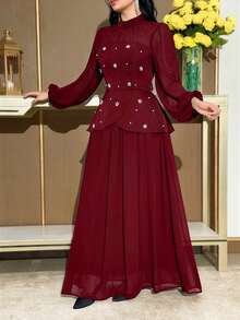 Modelyn Women's Elegant Party Peplum Waist Lantern Sleeve Pearl Decor Long Dress With Flared Hem, Spring/Autumn - Burgundy - View 4