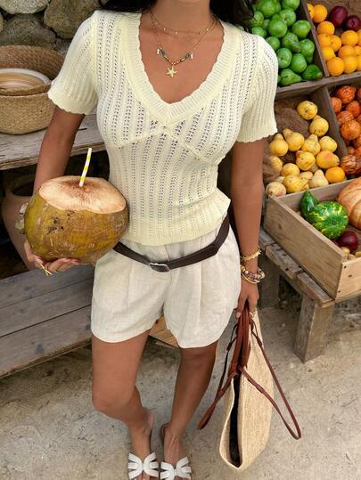 Sunnyshic 简约可爱女士浅黄色短袖宽松V领镂空针织毛衣