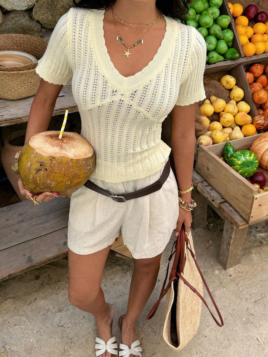 Sunnyshic 简约可爱女士浅黄色短袖宽松V领镂空针织毛衣 - 淡黃色 - 查看 1