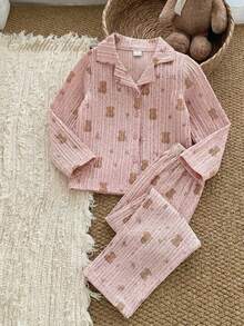 Young Girls Toddler Loungewear Set - Pink Cute Bear Elements Textured Waffle Knit Fabric Cardigan Long Sleeve And Long Pants Set Combination - Spring To Summer Home Vacation Valentine's Day Essential Kids Night Wear Pajama Set For Girls Girls Lounge Sets - Pink - View 6