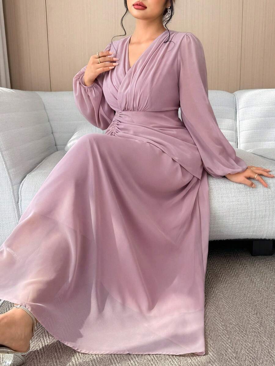 Modelyn Plus Size Women Solid Color Pleated Overlap V-Neck Lantern Sleeve Elegant Dress - Dusty Pink - View 1