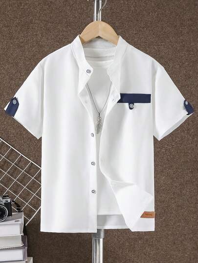 Vacaura 1pc Boys' Stand Collar Short Sleeve Casual Shirt, Versatile For Spring/Summer Vacation