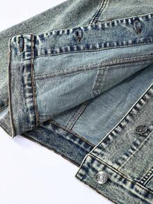 Elamini Áo khoác denim nữ dáng ngắn, thời trang thường ngày, kiểu dáng đường phố, có túi nắp gập cài khuy. - Màu xanh bụi bặm - Xem 8