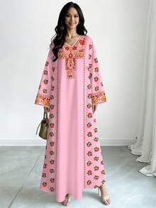 SHEIN Najma Women's Floral & Wave Pattern Digital Print V-Neck Long Sleeve Elegant Dress, Spring/Summer