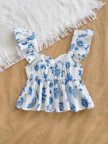 Soleia Pattern A-Line Cap Sleeve Women's Blouse, Suitable For Vacation, Music Festival, Bohemian, Holiday, Afternoon Tea - Blue and White - View 2