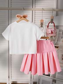 SHEIN Elladie kids 两件套女童休闲日常套装,蝴蝶结装饰T恤和蝴蝶结装饰百褶裙,适合外出和日常穿着。 - 粉色 - 查看 3