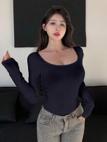 DAZY Women's Casual Everyday Commute Simple Solid Color Scoop Neck Long Sleeve Fitted T-Shirt, Spring/Autumn - Navy Blue - View 5