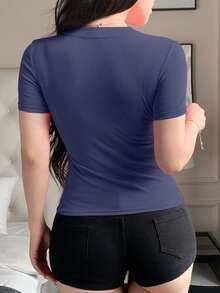 DAZY Tricou de damă sexy, slim fit, cu guler rotund, semideschis, casual, cu mânecă scurtă, stil urban, vară - Albastru marin - Vizualizare 5