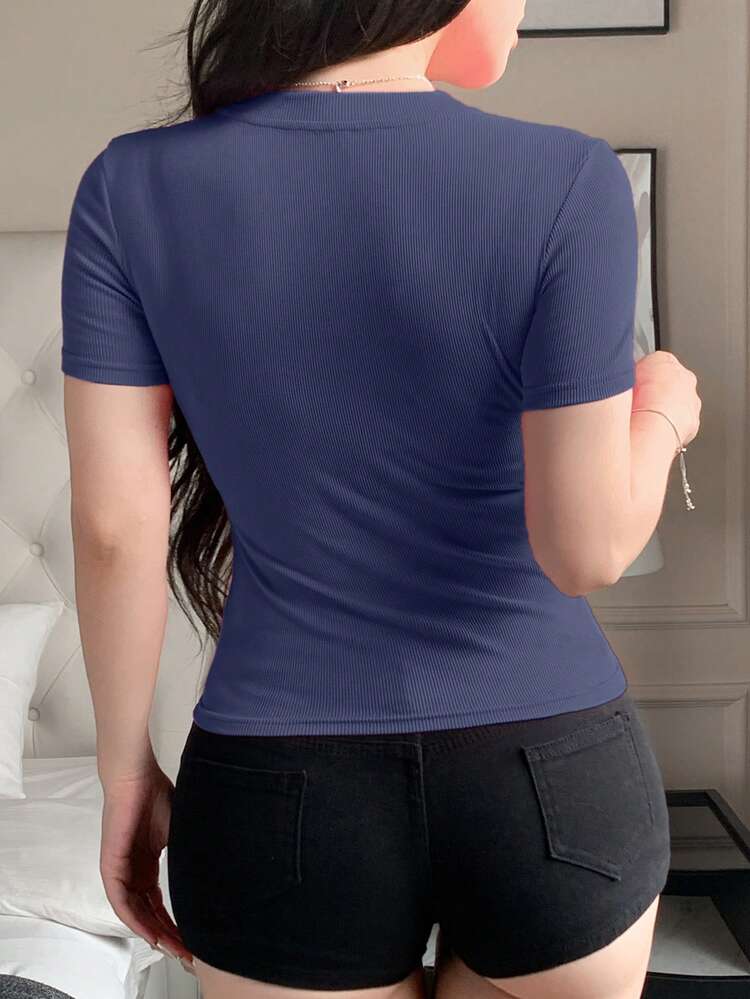 Women's Sexy Slim Fit Round Neck Half-Open Collar Casual Short Sleeve T-Shirt, Urban Style Summer