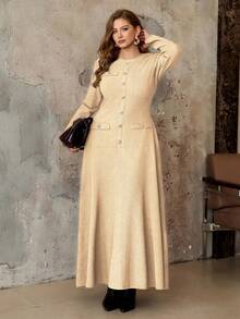 Flirla 大码女士优雅复古法式风格商务通勤纯色纹理面料圆领金属纽扣A字长袖连衣裙，适合派对、万圣节、圣诞节、感恩节、下午茶、新年等场合。 - 杏色 - 查看 3