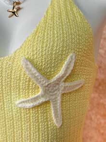 Elamini Y2K春夏女式沙滩度假休闲甜美海星钩针编织吊带裙 - 淡黃色 - 查看 6