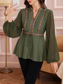 Rafferiza Women's Color Block Ribbon Patchwork Military Green Shirt, Chiffon Sleeve Patchwork, Elegant For Middle Eastern Festivals And Commuting - Army Green - View 8