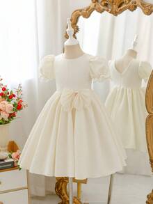 Glamorique Kids Young Girl'Elegant White Summer Flower Girl Apricot Jacquard Fabric Bubble Sleeve Princess Dress,Chiffon Bow Birthday Party Performance Princess Dress - Apricot - View 8