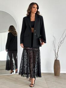 EURMUSE Women's Spring/Summer Jacket & Skirt Suit Set - Black - View 1