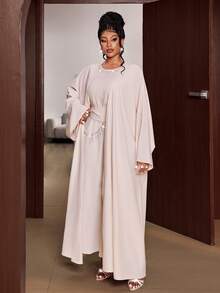 Maweii Blush Pink, Summer, Elegant, Formal, Wedding Ninang Loose Batwing Sleeve Cardigan & Sparkling Chain Decor Cinched Waist Maxi Dress Set, Plus Size High-Quality - Pink - View 5
