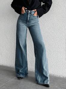 SHEIN 100%Cotton High Waist Wide Leg Jeans PETİTE - Dusty Blue - View 1