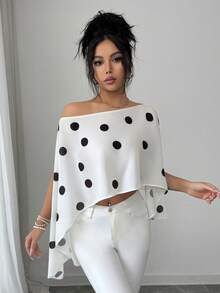 SHEIN Elenzya 女士新款优雅时尚波点印花休闲百搭不对称荷叶边领衬衫，适合日常穿着、约会、派对、春夏穿着 - 黑與白 - 查看 3