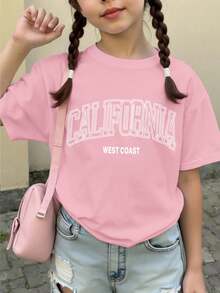 SHEIN Teen Girl Summer Casual Letter Print Drop Shoulder Loose T-Shirt - Baby Pink - View 3