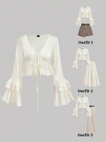 SHEIN MOD Women's Apricot Satin Lace Hem Bell Sleeve Blouse,Carnival Costumes,Valentine's Day,Tea Party ,Spring/Summer Outfits,Beach Outfits,Boho ,Elegant Outfits, White Blouse, Cream Blouse, Cream Top, Elegant Top - Apricot - View 3