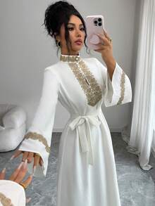 Elenzga 女士优雅闪亮休闲蕾丝腰身连衣裙 - 米色 - 查看 3