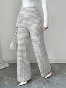 Elenzga Quần nữ thường ngày co giãn kẻ caro, quần ống đứng cạp cao ôm vừa vặn, hàng mới về mùa thu - Đen và trắng - Xem 5