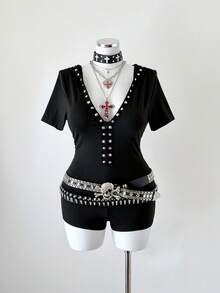 Sunspun Bộ áo liền quần tay ngắn có mũ kiểu Gothic, dáng ôm. - màu đen - Xem 4