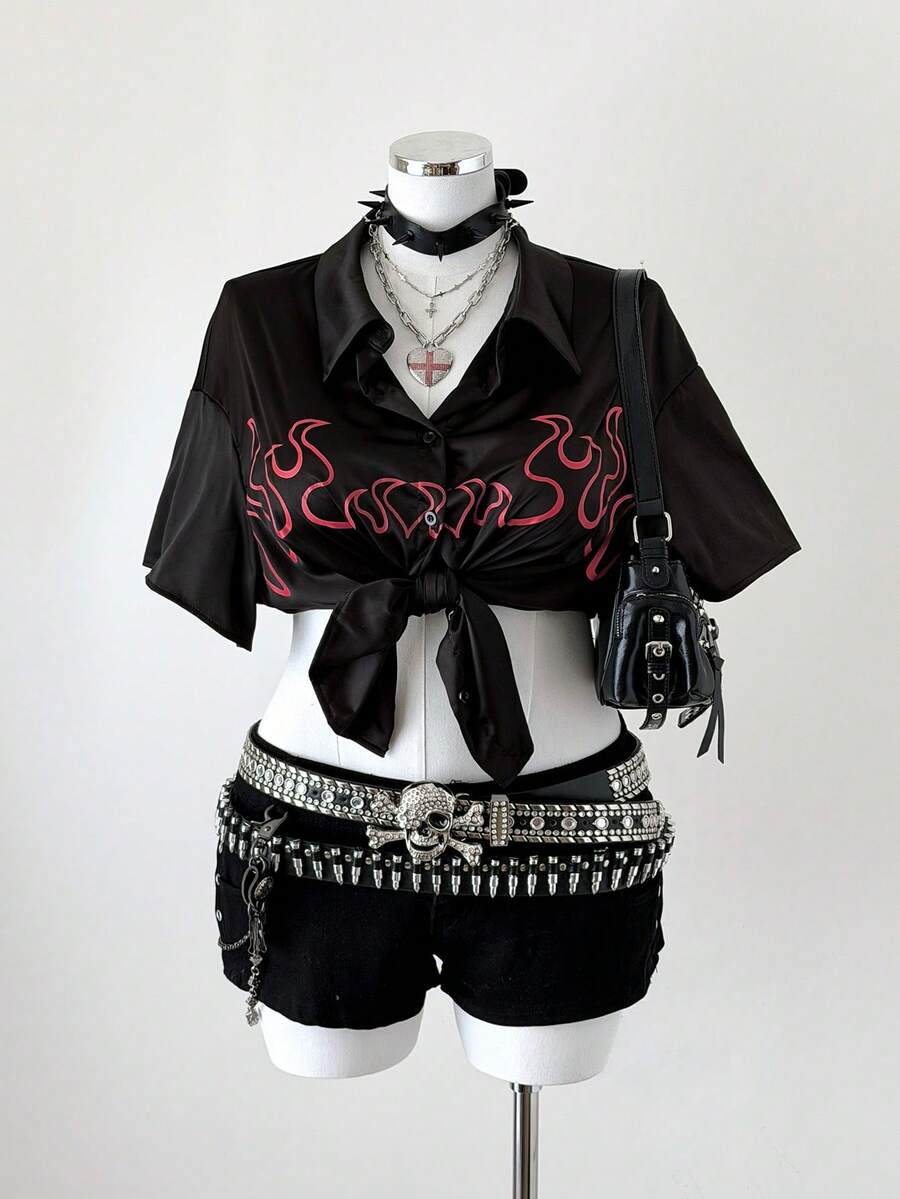 Sunspun Áo sơ mi ngắn tay màu tối dáng rộng, thêu satin thời trang - màu đen - Xem 1