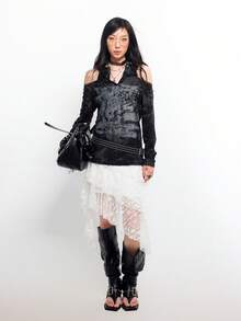 Bloopia Women's All-Over Print Hooded Neck Hollow Out Fashionable Long Sleeve Top - Grey - View 7