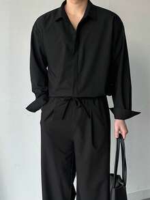 DAZY 男士春季黑色单排扣长袖衬衫长裤套装，商务休闲风