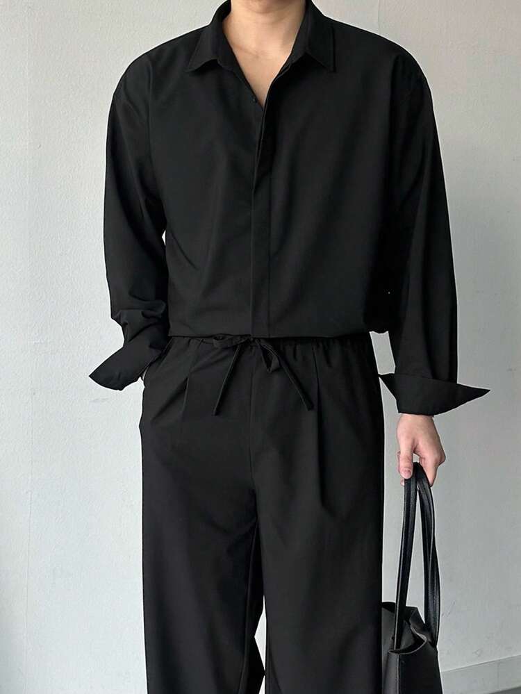 Spring Black Single-Breasted Long Sleeve Shirt And Pants Suit For Men, Business Casual