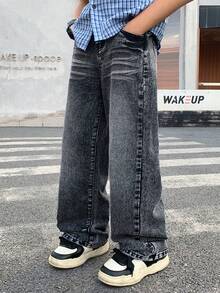 SHEIN 青少年男孩时尚休闲复古酷炫街头牛仔宽松舒适直筒牛仔裤，适合日常穿着，也适合春夏锐舞音乐节和街头潮流，2026春夏新款 - 黑色 - 查看 6