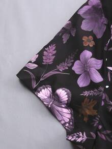 Sunspun 大码女式优雅复古波西米亚风印花休闲朋克摇滚金属拉链五角星扣宽松A字短袖连衣裙，适合日常穿着、返校、度假、春季、夏季、秋季。 - 紫色 - 查看 5