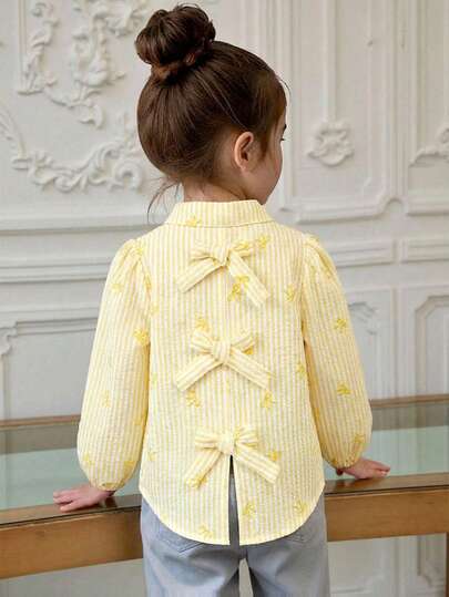 Elladie kids Young Girls' Striped Bow Decor Long Sleeve Blouse