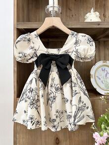 SHEIN LMoss Kids 女婴碎花圆领泡泡袖休闲连衣裙 - 彩色 - 查看 4