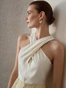 MOTF PREMIUM WOMEN'S APRICOT SLEEVELESS CRISS-CROSS HALTER NECK ELEGANT TOP - Apricot - View 1