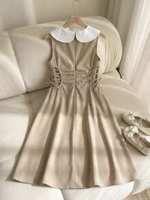 SHEIN Tween Girl Fashionable & Elegant Khaki Dress With White Peter Pan Collar Sleeveless Cinched Waist A-Line Midi Dress Tween Girls Casual Chic Commuter Elegant Khaki Dress - Khaki - View 11